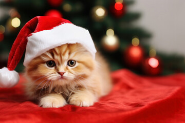 cute fluffy kitten in Santa Claus hat lying near Christmas tree