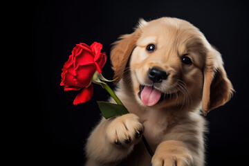 cute funny puppy holding red rose in paws on the black background