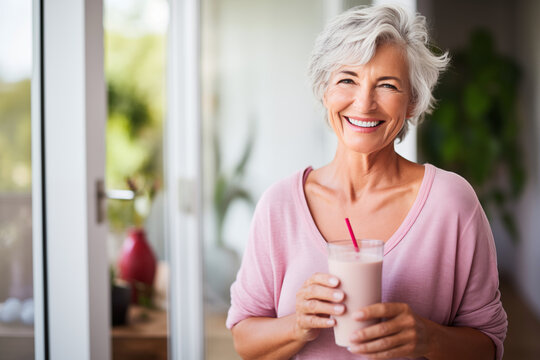 smiling senior woman with strawberry milkshake in glass at home kitchen - Powered by Adobe