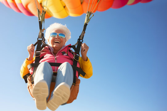 cheerful senior woman flying in the sky on parachute