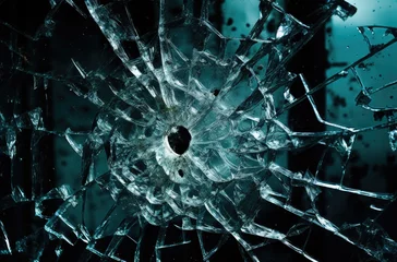 Fotobehang Window glass pane shattering and breaking on dark background. Real smash explosion at high speed as action concept template and overlay element. © Ruslan Gilmanshin