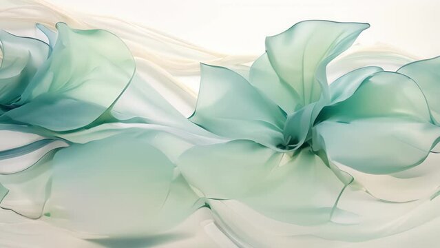 A of orchids depicted in shades of turquoise, teal, and emerald green, their petals seemingly made of delicate, swirling fabric that billows and flows in an unseen breeze. Their slender stems
