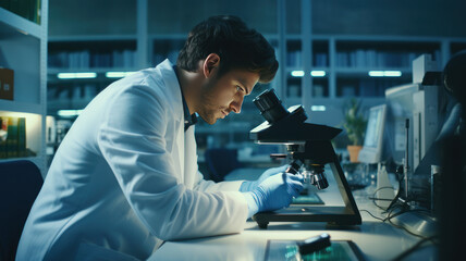 scientist or reseacher using microscope in biotechnology laboratory - obrazy, fototapety, plakaty