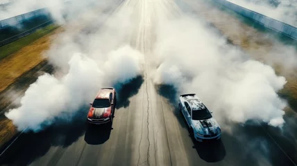 Kussenhoes Aerial top view two car drift battle on asphalt race track, Automobile and automotive car view from above © wiparat