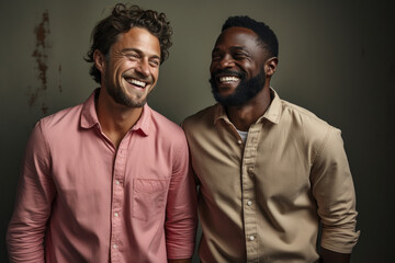Young happy gay couple in casual clothes isolated on gray background