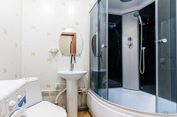interior apartment room bathroom, sink, decorative elements, toilet