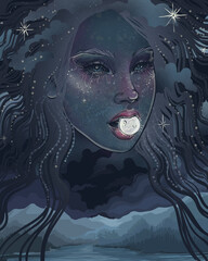  girl's head in the clouds bites the moon to taste - 681376563