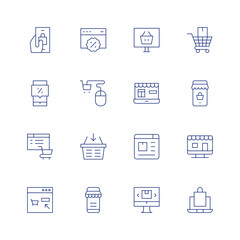 E-commerce line icon set on transparent background with editable stroke. Containing bag, sale, discount, shopping online, online shopping, online order, buy online, online shop, web, shopping basket.