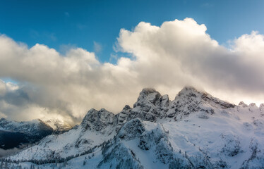 Canadian Mountain Landscape. Aerial Panoramic View. Dramatic Sunset.