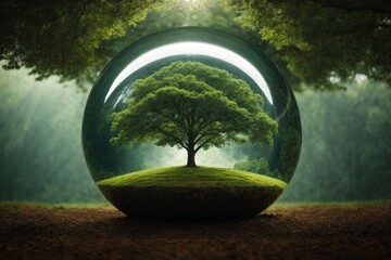 Glass ball with tree and sunrise in the background. Conceptual image.