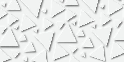 White paper triangles as abstract pattern in bright light with soft light shadows.grey simple geometric background with flying triangles.Futuristic minimal backdrop for advertising, design of poster, 