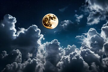 Naklejka na ściany i meble Captivating full moon illuminating clouds and stars in night sky, sky with moon and clouds