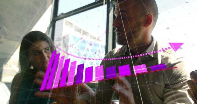 Animation of arrow on falling bar graphs over diverse coworkers sharing ideas in office