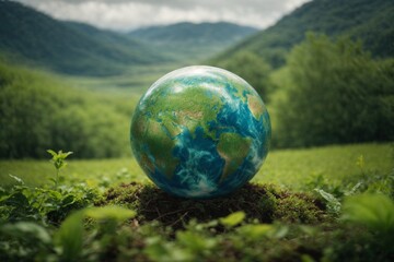 Naklejka premium Globe in the green grass with mountain background. Earth day concept.