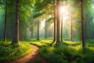 Fototapeta na wymiar Sunlight through the forest trees. 