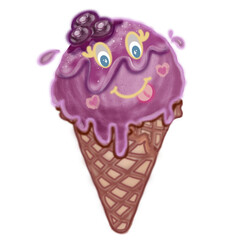 Collection ice cream cartoon with watercolor spots in hand drawn waffle cones. Vector illustration.