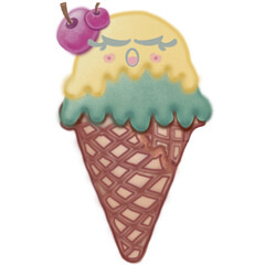 Collection ice cream cartoon with watercolor spots in hand drawn waffle cones. Vector illustration.