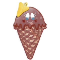 Collection ice cream cartoon with watercolor spots in hand drawn waffle cones. Vector illustration.