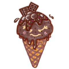 Collection ice cream cartoon with watercolor spots in hand drawn waffle cones. Vector illustration.