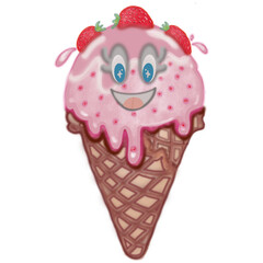 Collection ice cream cartoon with watercolor spots in hand drawn waffle cones. Vector illustration.