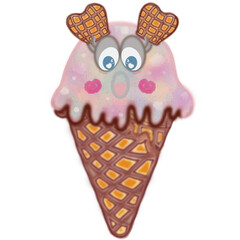 Collection ice cream cartoon with watercolor spots in hand drawn waffle cones. Vector illustration.
