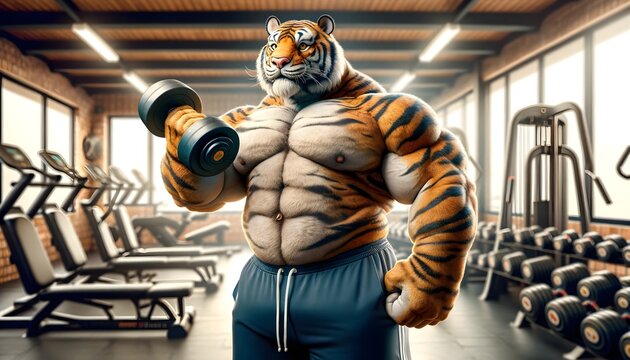 Fat tiger lifting dumbbell in gym, Motivation workout
