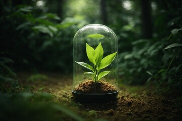 Green plant in a glass dome in the forest. Ecology concept.
