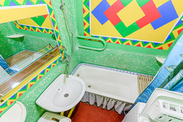 interior apartment room bathroom, sink, decorative elements, toilet