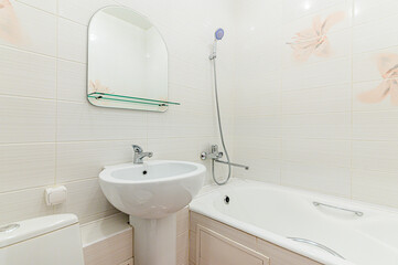 interior apartment room bathroom, sink, decorative elements, toilet
