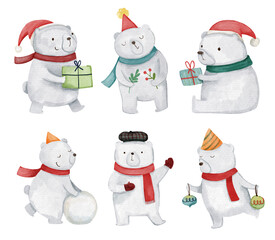 Polar bear . Christmas theme . Watercolor paint cartoon characters . Isolated . Set 2 of 4 . illustration .