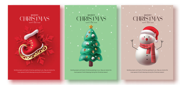 Merry christmas greeting vector poster set. Christmas religious greeting card collection with xmas decoration elements for holiday season gift tags design. Vector illustration religious greetings post
