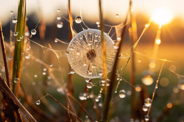 mesmerizing spectacle of dew drops adorning dandelion seeds at sunrise, showcasing translucent orbs, wispy seeds, and poetic allure of dandelion in morning light