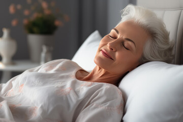 Obraz na płótnie Canvas Senior blonde woman sleeping well on white pillow in bed
