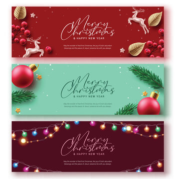 Merry christmas greeting vector banner set. Christmas religious greeting card collection with elegant decoration elements for holidays season and xmas background. Vector illustration xmas invitation 