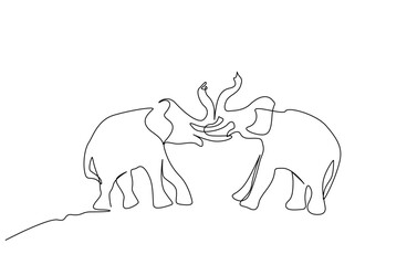 two aggressive elephant wildlife fight nature line art design