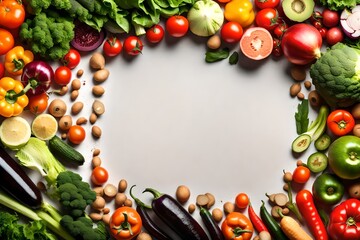 Frame of fresh vegetables and fruits isolated on white background