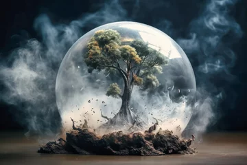 Tafelkleed Glass globe in smoke, Environment Social and Governance. World sustainable environment concept. Pollution of the planet. The Green tree is protected. © Anoo