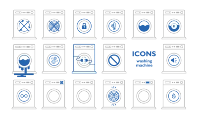 Fotobehang vector 2d flat icons of washing machine breakdown in gray and blue color © Алина Сацюк