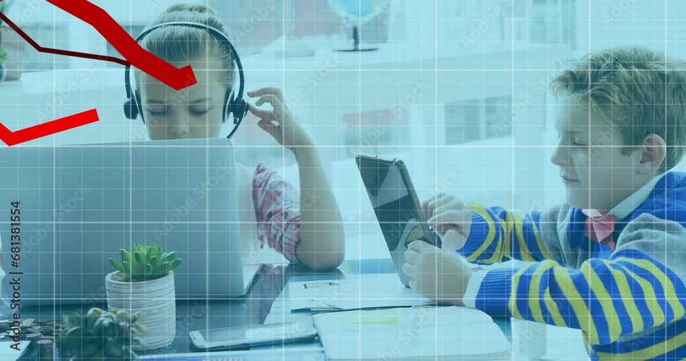 Wall mural animation of falling graphs over caucasian children using laptop and scrolling on digital tablet
