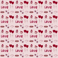 Seamless pattern for Valentine's Day on a beige background, contains holiday symbols.