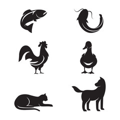 Collection of silhouettes of animal logos. Fish, Catfish, Rooster, Duck, Dog, Cat