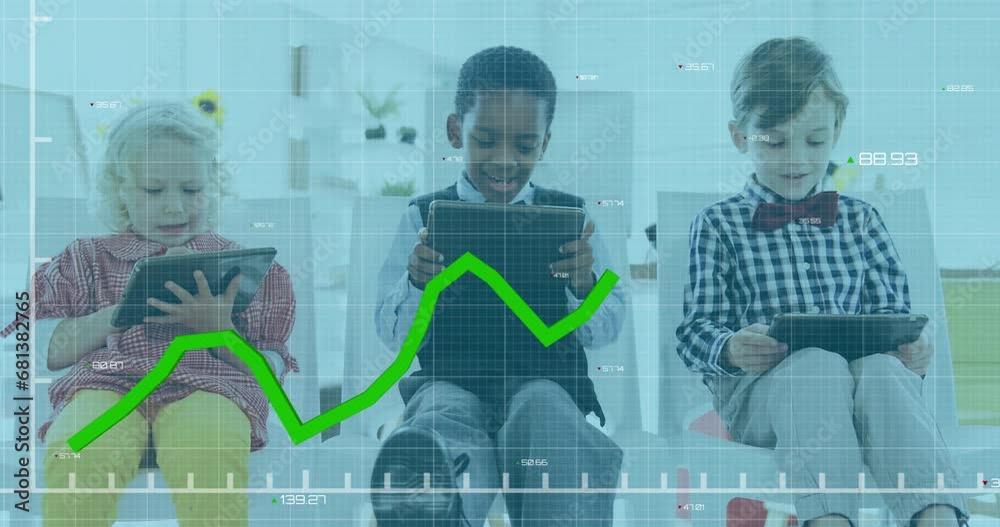 Poster animation of graph with changing numbers over diverse children using digital tablet in classroom