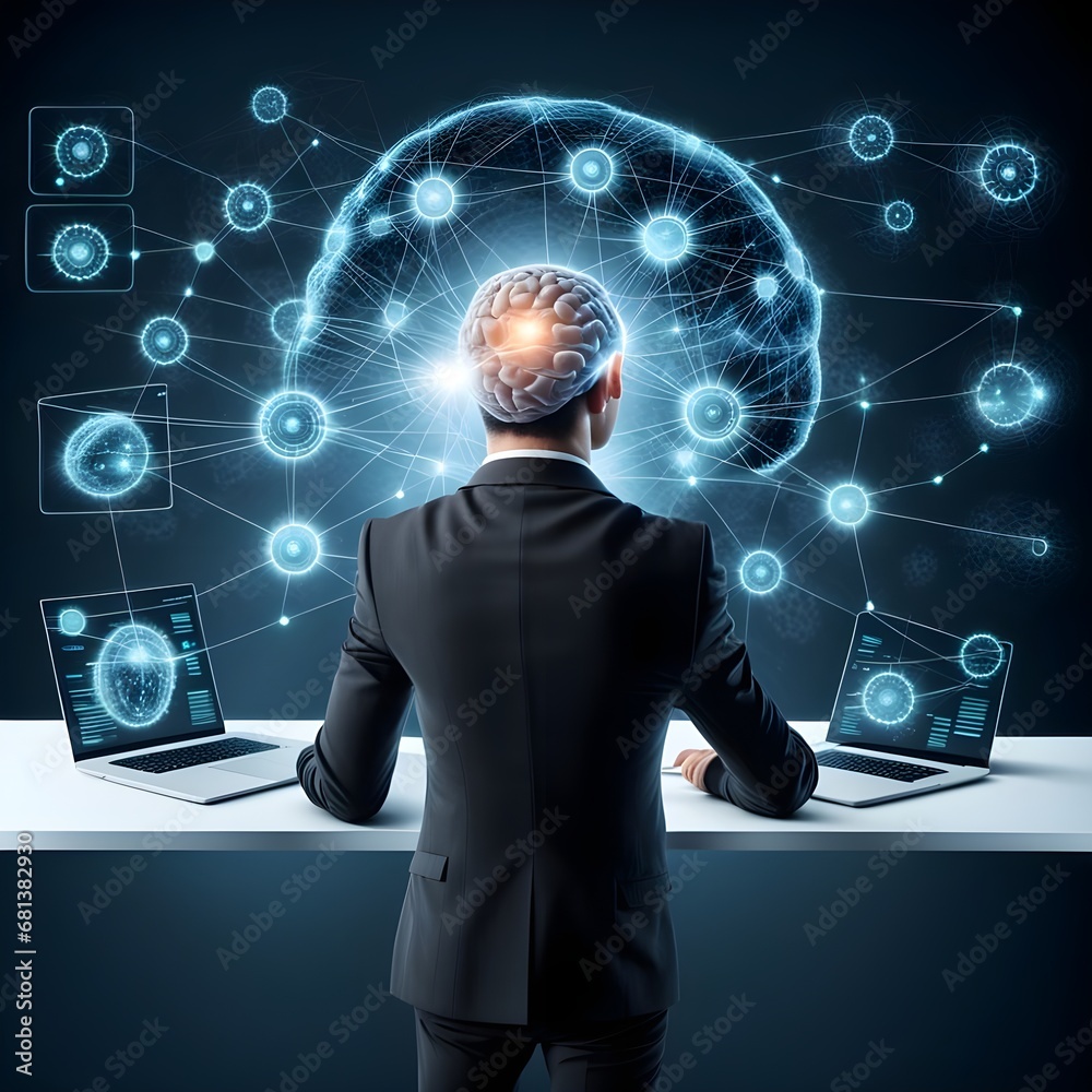 Wall mural businessman touching the brain working of artificial intelligence (ai) in the futuristic business an