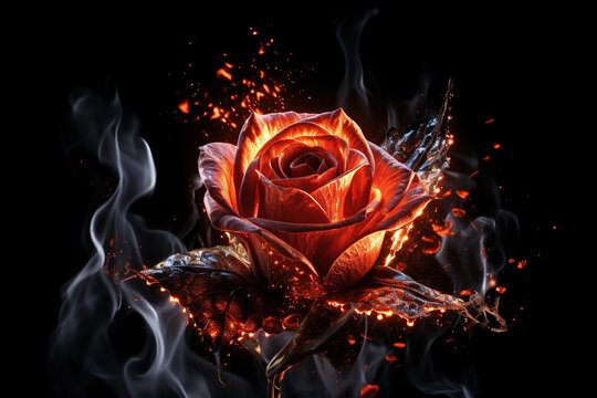 Red rose with flames isolated on a black background. 3d render illustration. 