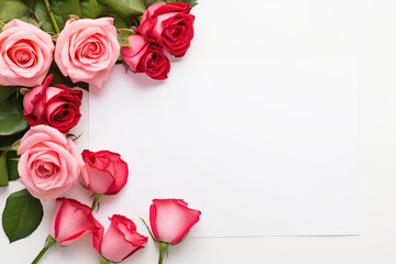 Pink roses with a blank card on a white background. Top view with copy space. 