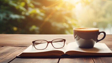 cup of coffee on a table with glasses on book outdoor generated by AI tool 
