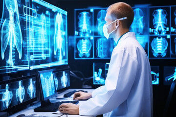 A radiology doctor working diagnose treatment virtual Human Lungs and long Covid 19 on modern interface screen. Healthcare and medicine, Medical technology Concept. - Powered by Adobe