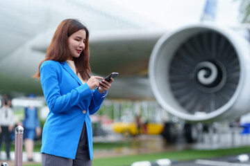 Fototapeta premium Business woman, traveler waiting for flight in airport, standing with luggage, using smartphone, traveling while waiting for flight Online internet search, flight check-in, travel ideas lifestyle.