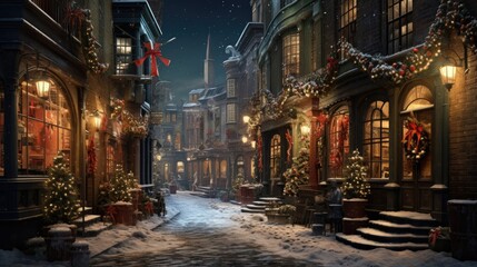 winter night city, narrow street, New York, Christmas - obrazy, fototapety, plakaty