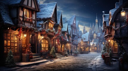 winter night city, narrow street, Christmas